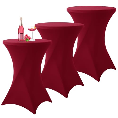 3er-Set Stretch Stehtisch Husse für Bistrotisch Burgunder Rot Ø80-85 cm Spandex Stretch Tischdecke, Verstärkung im Fußbereich Für Hochzeit Geburtstagsfeier Bankett und Bistrotische(80×110cm,Weinrot) von YMHPRIDE