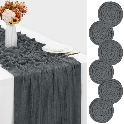 6 Packungen Blau Grau Käsetuch-Tischläufer, 3 m Käsetuch-Gaze-Tischdecke 80 x 300 cm, rustikaler Gaze-Stoff, Boho-Tischläufer, für Hochzeits-, Brautparty-Dekorationen von YMHPRIDE