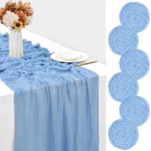 6 Packungen hellblauer Käsetuch-Tischläufer, 3 m Käsetuch-Gaze-Tischdecke, 80 x 300 cm, rustikaler Gaze-Stoff, Boho-Tischläufer, für Hochzeits-, Brautparty-Dekorationen von YMHPRIDE