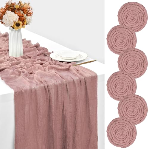 6 Packungen staubrosa Käsetuch-Tischläufer, 3 m Käsetuch-Gaze-Tischdecke, 80 x 300 cm, rustikaler Gaze-Stoff, Boho-Tischläufer, für Hochzeit, Brautparty, Dekorationen von YMHPRIDE