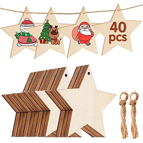 40 Stück Holzanhänger Stern Holz Deko 8.5cm Hängesterne Dekohänger Holzsterne Holzscheiben zum Bemalen & Basteln mit Fäden für Hochzeitsanhänger Weihnachten Geschenkanhänger (40 Stern) von YMIFEEY