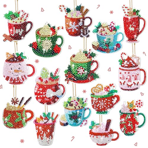 Diamond Painting Weihnachten Anhänger Tasse Set, 15 Stück Diamond Painting Schlüsselanhänger Beidseitig Tasse, DIY 5D Diamant Painting Anhänger Geschenkanhänger Weihnachtsbaumanhänger (Typ F Tasse) von YMIFEEY