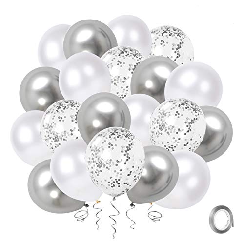 Luftballons Helium Silber Konfetti, 50 Stück 12 Zoll Silber Metallic Chrome Weiß Ballons Set mit Silber Band für Hochzeit Geburtstag Muttertag Baby Shower Valentinstag Dekorationen von YMSZ