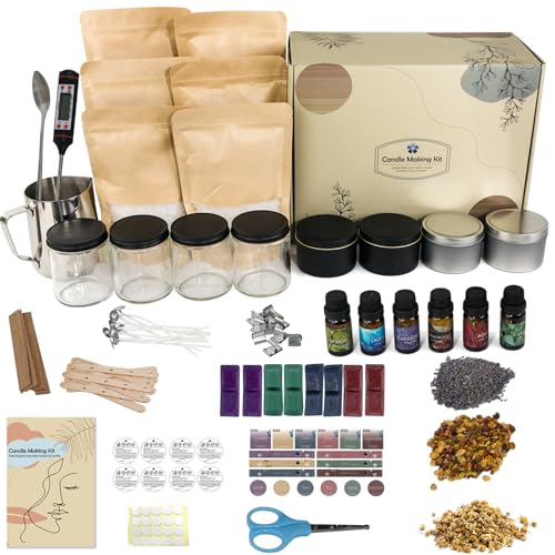 YMing Kerzen Selber Machen Kit, DIY Kerzen Handwerk Werkzeuge Set mit Kerzendosen, Gießtopf und Löffel, Dochte Aufkleber, Candle Dochte, Candle Dochte Halter, Farbblock, Etikett und Bienenwachs von YMing