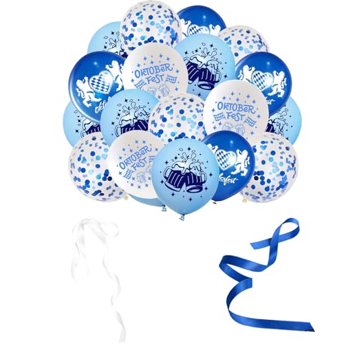 Oktoberfest Deko, 24 Stück Oktoberfest Luftballons Set Weiß Blau Latexballons mit Oktoberfest Motiven und Konfetti, Heliumballon für Bayerische Deko Oktoberfest Party Bayern deko von YNDJK