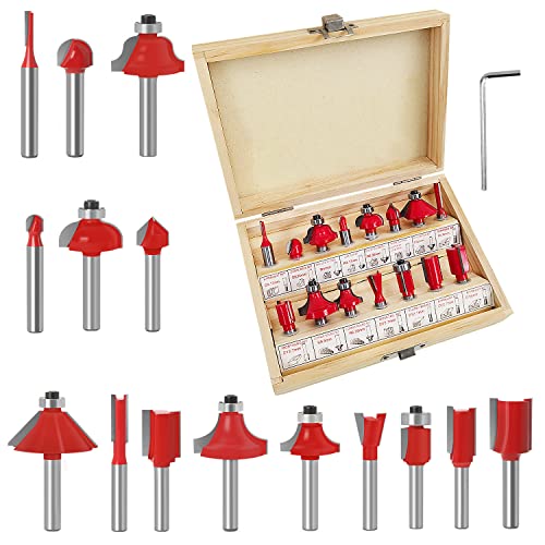 15 Stück Router-Set für die Holzbearbeitung, Material Kohlenstoffstahl, Zylindrischer Schaft 6,35mm1/4, Oberfräse Fräser Set, für Router Holzfräser Router Bit Set mit Schraubenschlüssel (Rot) von YNHJQP