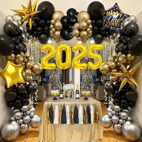 2024 Neujahr Ballon Girlande Bögen Kit, Silvester Dekorationen 2024 Happy New Year Ballon Schwarz Gold Ballon Neujahr Party Supplies von YNOUU