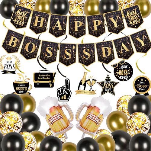 Happy Boss's Day Banner Party Dekorationen Supplies - Gold Schwarz Boss Day Hängende Wirbel Dekorationen International Boss Day Luftballons Ruhestand Büro Party Dekorationen von YNOUU