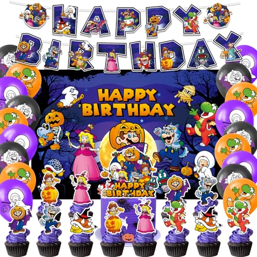 Super Bros Halloween Party Supplies Dekorationen Super Bros Halloween Hintergrund Banner Kuchen Topper Ballons für Super Bros Halloween Party Dekorationen von YNOUU