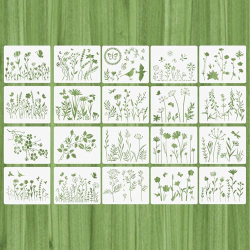 20 Stück Wildblumen Kirschblüte Schablonen Blumen Schablone Wiederverwendbar Wildblumen Schablonen zum Malen Blume Blätter Vogel Zeichnung Malschablonen Flower Painting Template Malvorlagen von YNR