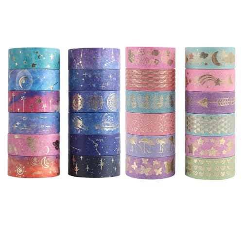 Washi Tape Vintage Dekoratives Klebeband Washi Tape Set Goldfolie Galaxy Washi Tape Sternenhimmel Masking Tape Goldfolie dekorative Klebebänder für Bullet Journaling Scrapbooking Zubehör 24 Rollen von YNR