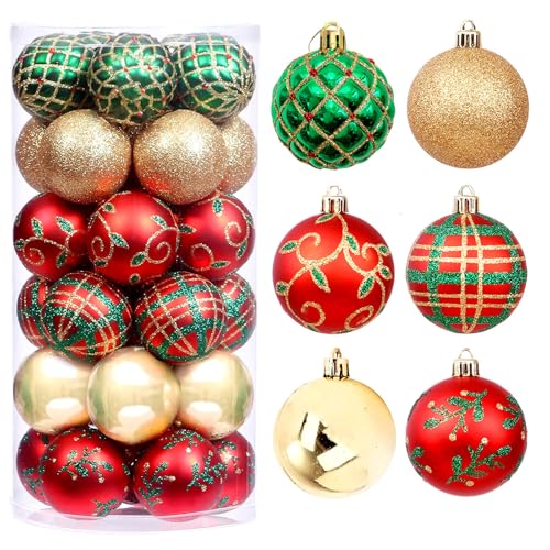 Uniquely Patterned Christmas Bauble Set,30 Red, Green, and Gold Ornaments for Holiday Decorations, Festive Tree Ornaments, Patterned Christmas Ornaments von YOAILAIL