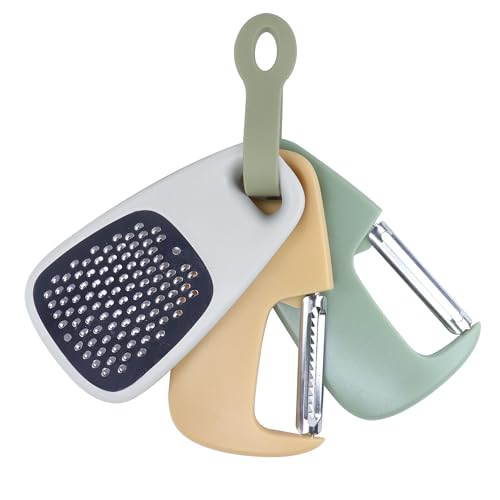 YODKIT Küchenhelfer-Set, 3-teilig, Gemüseschäler, Julienne-Schäler, Knoblauch-/Ingwermühle, stapelbares Kochutensilien-Zubehör für Wohnmobil, Innenraum, spülmaschinenfest (3-Farben-Set) von YODKIT