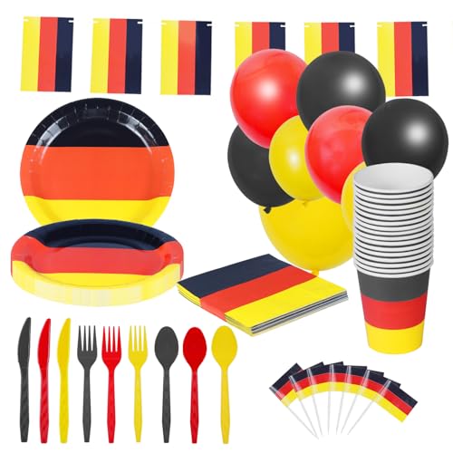 YOFANUP Deutschland Fanartikel, EM 2024 Fanartikel, EM Deko, Deutschland Deko Set, 200 pcs Deutschland Partyzubehör, Luftballons & Wimpelkette & Servietten & Geschirr & Zahnstocher-Flaggefür von YOFANUP