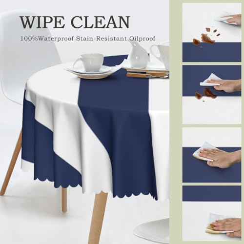 Mitternachtsblau und weiß gestreift, runde Tischdecke, 4,44 m, Flecken- und knitterresistent, waschbare Tischdecke aus Polyester Mitternachtsblau und weiß gestreift, runde Tischdecke, 4,44 m, Flecken- und knitterresistent, waschbare Tischdecke aus Polyester von YOFIEN