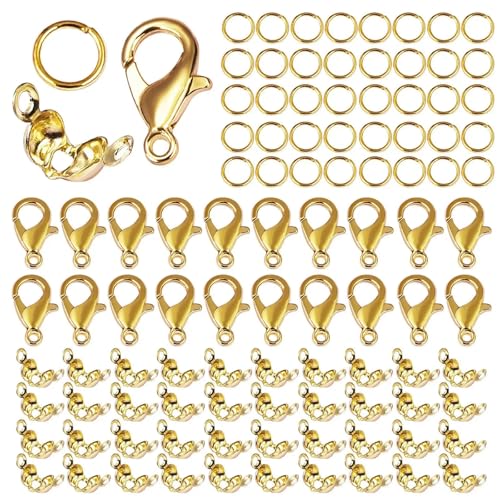 100 Stück Karabinerverschluss Biegeringe Verbindungsverschluss Crimp Endperle für Armband Halskette Ketten DIY Schmuckherstellung Zubehör Set-Stil 1-Gold von YOGAES