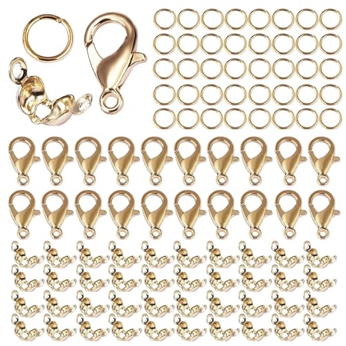 100 Stück Karabinerverschluss Biegeringe Verbindungsverschluss Crimp Endperle für Armband Halskette Ketten DIY Schmuckherstellung Zubehör Set-Stil 1-KC Gold von YOGAES