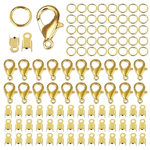 100 Stück Karabinerverschluss Biegeringe Verbindungsverschluss Crimp Endperle für Armband Halskette Ketten DIY Schmuckherstellung Zubehör Set-Stil 2-Gold von YOGAES