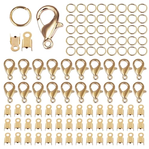 100 Stück Karabinerverschluss Biegeringe Verbindungsverschluss Crimp Endperle für Armband Halskette Ketten DIY Schmuckherstellung Zubehör Set-Stil 2-KC Gold von YOGAES