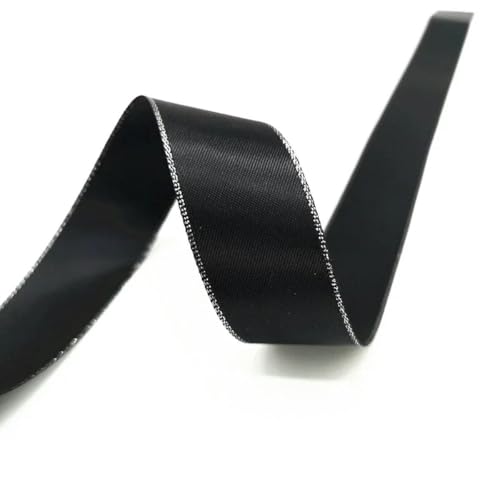 5 Yards 6 mm – 38 mm Satinband, Polyesterband mit silbernem Metallic-Rand für Blumen, Geschenkverpackung, Hochzeitsdekoration, DIY-Schwarz-22 mm von YOGAES