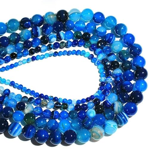 Naturstein Runde Perle 4/6/8/10/12mm blau gestreift Achat Tigerauge Pulver Kristall Amethyst Schmuck lose Perle DIY Armband-Blau gestreift Achat-10mm 36Stk Perlen von YOGAES