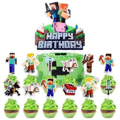 YOGARTH 19 Stück Pixel Tortendeko Jungen, Video Game Kuchen Deko Kindergeburtstag, Cake Topper Set, Happy Birthday Topper für Jungen Geburtstag Party Kuchen Dekoration Supplies (B) von YOGARTH