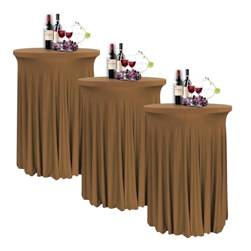 YOHOCS 80 * 110cm Runde Cocktail Tischdecke mit Rock, 2/3/4/5er-Set Spandex Stretch Stehtischhussen für Bistrotisch, High Top Stehtisch Husse für Party Hochzeit Banketttisch,Braun,3pcs von YOHOCS