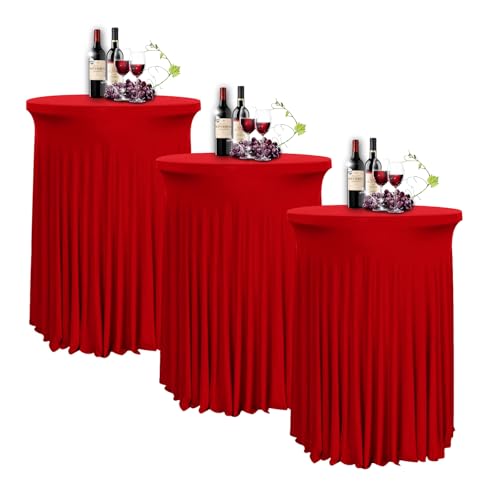 YOHOCS 80 * 110cm Runde Cocktail Tischdecke mit Rock, 2/3/4/5er-Set Spandex Stretch Stehtischhussen für Bistrotisch, High Top Stehtisch Husse für Party Hochzeit Banketttisch,Burgundy,3pcs von YOHOCS