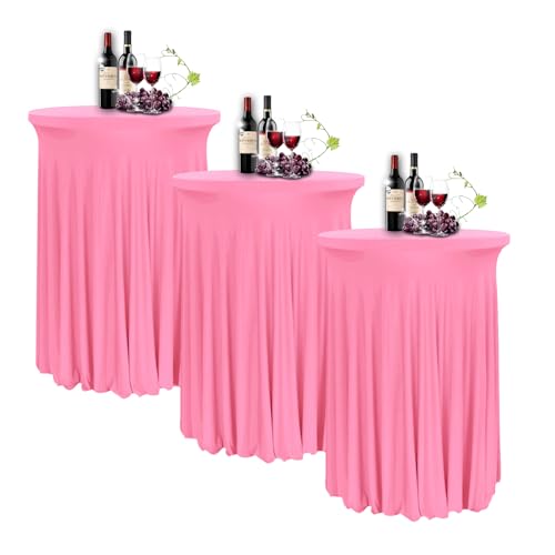 YOHOCS 80 * 110cm Runde Cocktail Tischdecke mit Rock, 2/3/4/5er-Set Spandex Stretch Stehtischhussen für Bistrotisch, High Top Stehtisch Husse für Party Hochzeit Banketttisch,Pink1,3pcs von YOHOCS