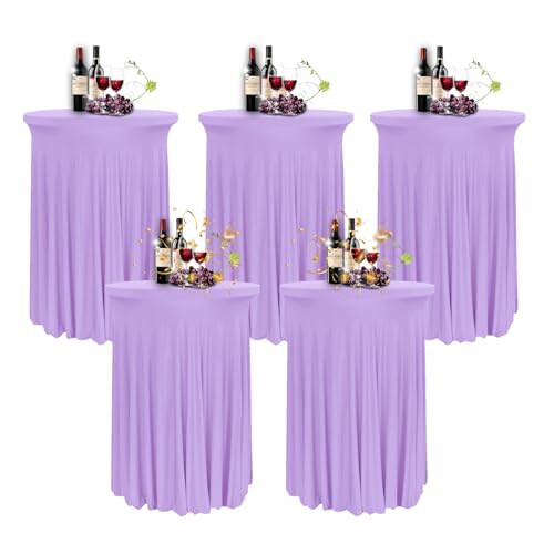 YOHOCS 80 * 110cm Runde Cocktail Tischdecke mit Rock, 2/3/4/5er-Set Spandex Stretch Stehtischhussen für Bistrotisch, High Top Stehtisch Husse für Party Hochzeit Banketttisch,Purple2,5pcs von YOHOCS