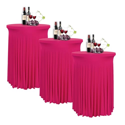 YOHOCS 80 * 110cm Runde Cocktail Tischdecke mit Rock, 2/3/4/5er-Set Spandex Stretch Stehtischhussen für Bistrotisch, High Top Stehtisch Husse für Party Hochzeit Banketttisch,Rose red,3pcs von YOHOCS