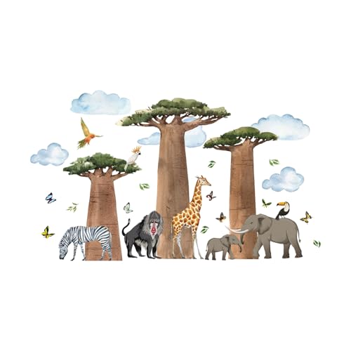 Safari Tiere Wandtattoo Set, Afrikanische Baobab Bäume mit Wildtiere, große Größe 118 x 70 cm, Aquarell Stil Kinderzimmer Aufkleber von YOITS