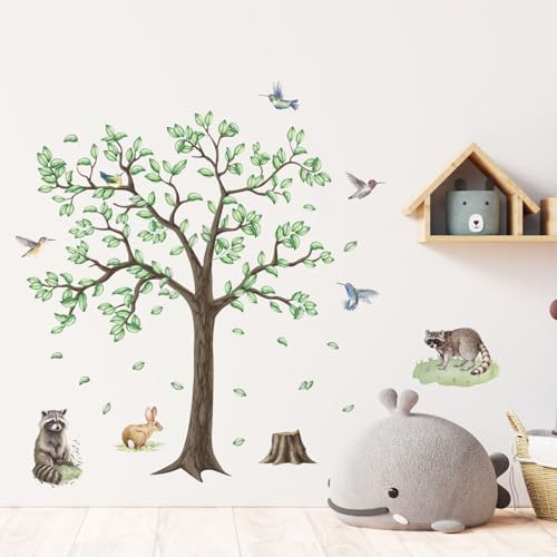 Woodland Tree Wandtattoo mit Tieren 90 cm x 28,5 cm Kinderzimmer Wandaufkleber mit Kolibris, Waschbären und Hase von YOITS