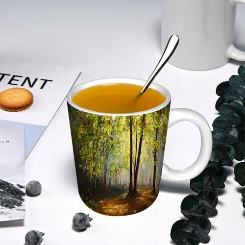 YOIUE Tasse aus Keramik - Große 11oz Tassen 330ml Kaffeetassen mit Henkel, 100% Handbemalt - Trinkgläser mit Griff - Weiß,Natur, Wald Baum in Erde Farbe Effekte Frühling Wald Werke gemalt d von YOIUE