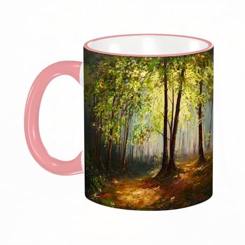 YOIUE Tasse aus Keramik - Große 11oz Tassen 330ml Kaffeetassen mit Henkel, 100% Handbemalt - Trinkgläser mit Griff - Weiß,Natur, Wald Baum in Erde Farbe Effekte Frühling Wald Werke gemalt d von YOIUE