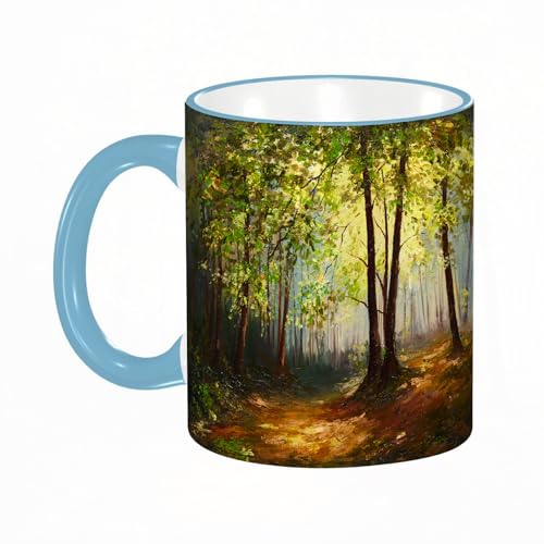 YOIUE Tasse aus Keramik - Große 11oz Tassen 330ml Kaffeetassen mit Henkel, 100% Handbemalt - Trinkgläser mit Griff - Weiß,Natur, Wald Baum in Erde Farbe Effekte Frühling Wald Werke gemalt d von YOIUE