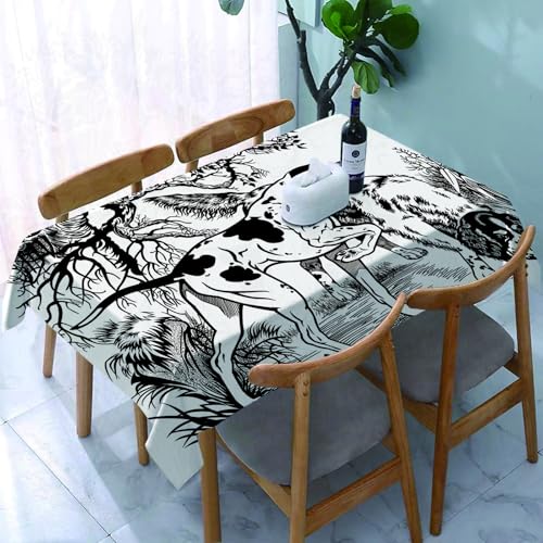 YOIUE Tischdecke Abwaschbar Rechteckig,137x183cm,Polyester Tischtuch Tafeldecke Ornamente Schmutzabweisend Pflegeleicht,Jagddekor, Jagdhunde im Wald, Monochrome Zeichnung, englische Pointer- und Sett von YOIUE