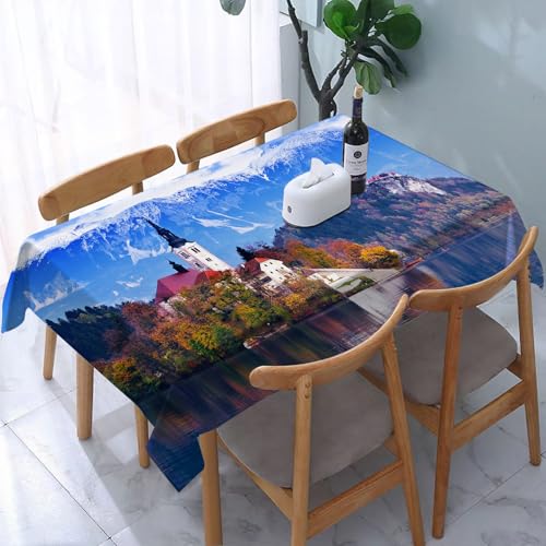 YOIUE Tischdecke Abwaschbar Rechteckig,137x183cm,Polyester Tischtuch Tafeldecke Ornamente Schmutzabweisend Pflegeleicht,Landschaft, Foto von Bled in Slowenien mit schneebedeckten Bergen im See und von YOIUE