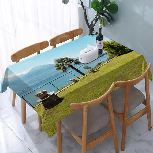 YOIUE Tischdecke Abwaschbar Rechteckig,137x183cm,Polyester Tischtuch Tafeldecke Ornamente Schmutzabweisend Pflegeleicht,Landschaft, Meerblick Waldlandschaft mit Palmen und Bergterrasse Bild, grün und von YOIUE