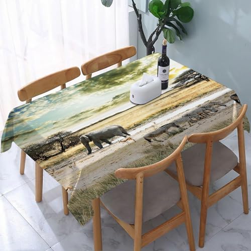 YOIUE Tischdecke Abwaschbar Rechteckig,137x183cm,Polyester Tischtuch Tafeldecke Ornamente Schmutzabweisend Pflegeleicht,Landschaft Afrikas Wilde Savanne Elefant Safari Sonnenuntergang Tiere trockenen von YOIUE