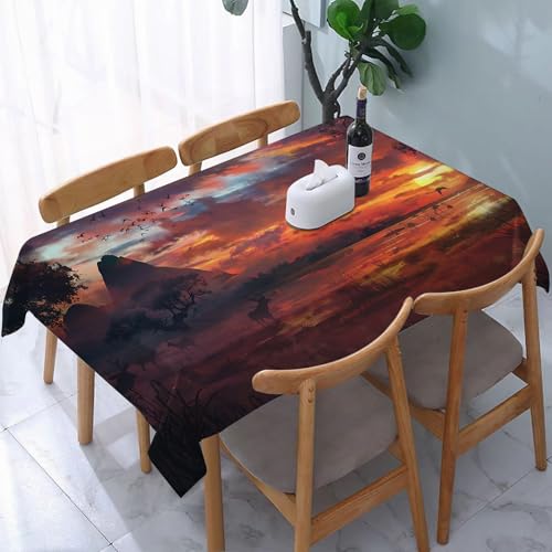 YOIUE Tischdecke Abwaschbar Rechteckig,137x183cm,Polyester Tischtuch Tafeldecke Ornamente Schmutzabweisend Pflegeleicht,Landschaftsdekor, altmodische Ansicht mit Blick auf Safari mit Anim von YOIUE