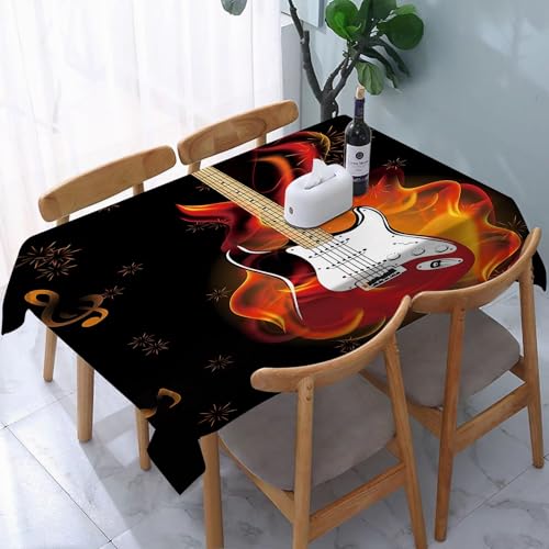 YOIUE Tischdecke Abwaschbar Rechteckig,137x183cm,Polyester Tischtuch Tafeldecke Ornamente Schmutzabweisend Pflegeleicht,Musiknoten tanzen um eine brennende Gitarre von YOIUE