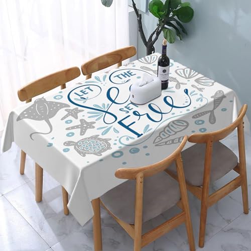 YOIUE Tischdecke Abwaschbar Rechteckig,137x183cm,Polyester Tischtuch Tafeldecke Ornamente Schmutzabweisend Pflegeleicht,Nautisch, „Let The Sea Set You Free“-Zitat mit Muschel, Schildkröte und Stachel von YOIUE