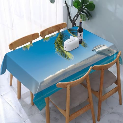 YOIUE Tischdecke Abwaschbar Rechteckig,137x183cm,Polyester Tischtuch Tafeldecke Ornamente Schmutzabweisend Pflegeleicht,Nautisches großes Kreuzfahrtschiff steuert den tropischen Sandstrand an. Exotis von YOIUE