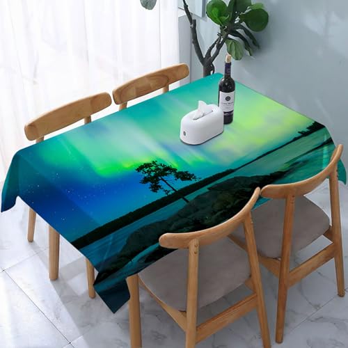 YOIUE Tischdecke Abwaschbar Rechteckig,137x183cm,Polyester Tischtuch Tafeldecke Ornamente Schmutzabweisend Pflegeleicht,Nordlicht einzelner Baum über felsigen von YOIUE