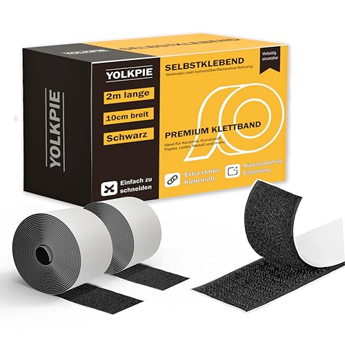 YOLKPIE Klettband Selbstklebend Extra Stark - 100mm x 2m- Extra stark und breit Selbstklebendes Klettband - Doppelseitiges Klettband - Klettverschluss selbstklebend für innen und außen (Schwarz) von YOLKPIE