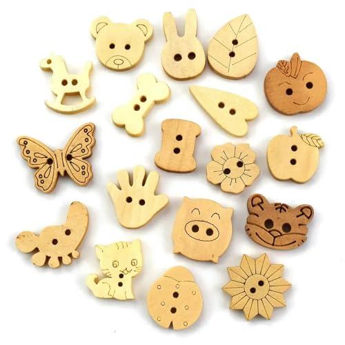 50 Stück 2 Löcher natürliche Holzknöpfe Verzierungen Stern Pferd Schleife Katze Bär Blume Kinderknopf DIY dekorativer Holzknopf-MIX-11–22 mm von YOLNEY