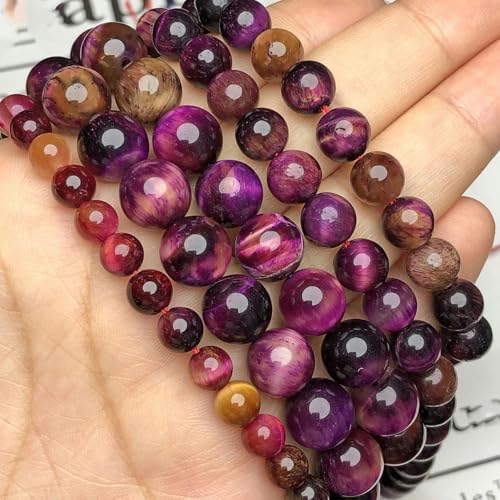 AAA+ Naturstein, blaue Kyanit-Perlen, zweifarbig, Tigerauge, rund, lose Abstandsperlen, Edelsteinperlen zur Schmuckherstellung, DIY-Halsketten-Armband, Fuchsia-Gelb, 12 mm, 28–30 Stück von YOLNEY