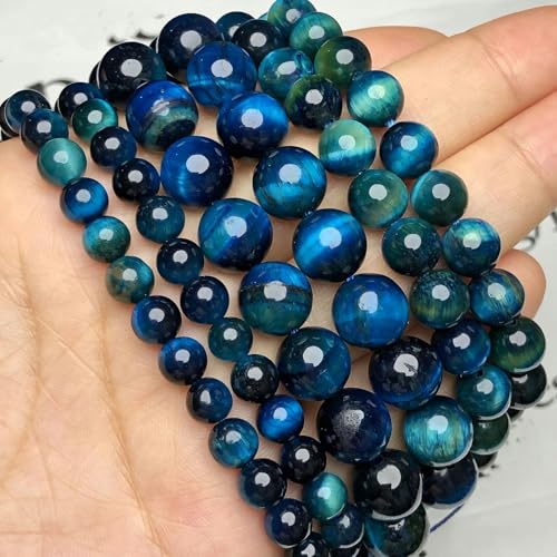 AAA+ Naturstein, blaue Kyanit-Perlen, zweifarbig, Tigerauge, rund, lose Abstandsperlen, Edelsteinperlen zur Schmuckherstellung, DIY-Halsketten-Armband, Pfauenblau, 12 mm, 28–30 Stück von YOLNEY