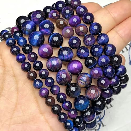 AAA+ Naturstein, blaue Kyanit-Perlen, zweifarbig, Tigerauge, rund, lose Abstandsperlen, Edelsteinperlen zur Schmuckherstellung, DIY-Halsketten-Armband, Violett-Blau, 10 mm, 34–36 Stück von YOLNEY